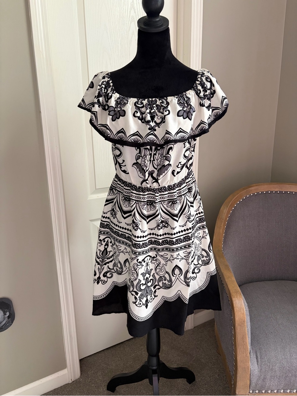 Flying Tomato Black & White Off-Shoulder Mini Dress